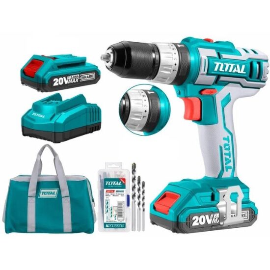 TOTAL - MASINA DE GAURIT CU PERCUTIE SI ACUMULATOR 20V-2.0AH LI-ION (2 ACUMULATORI + 50 ACCESORII) (INDUSTRIAL)