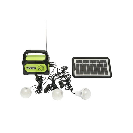 Kit iluminat portabil LED cu 3 becuri/proiector, radio FM, MP3, panou solar si baterie 6V, 4.5 Ah pentru pescuit camping GD-8073