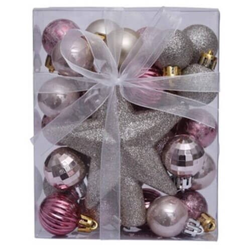 Set globuri brad 3cm + stea pink-argintiu Artezan 30 buc/cutie